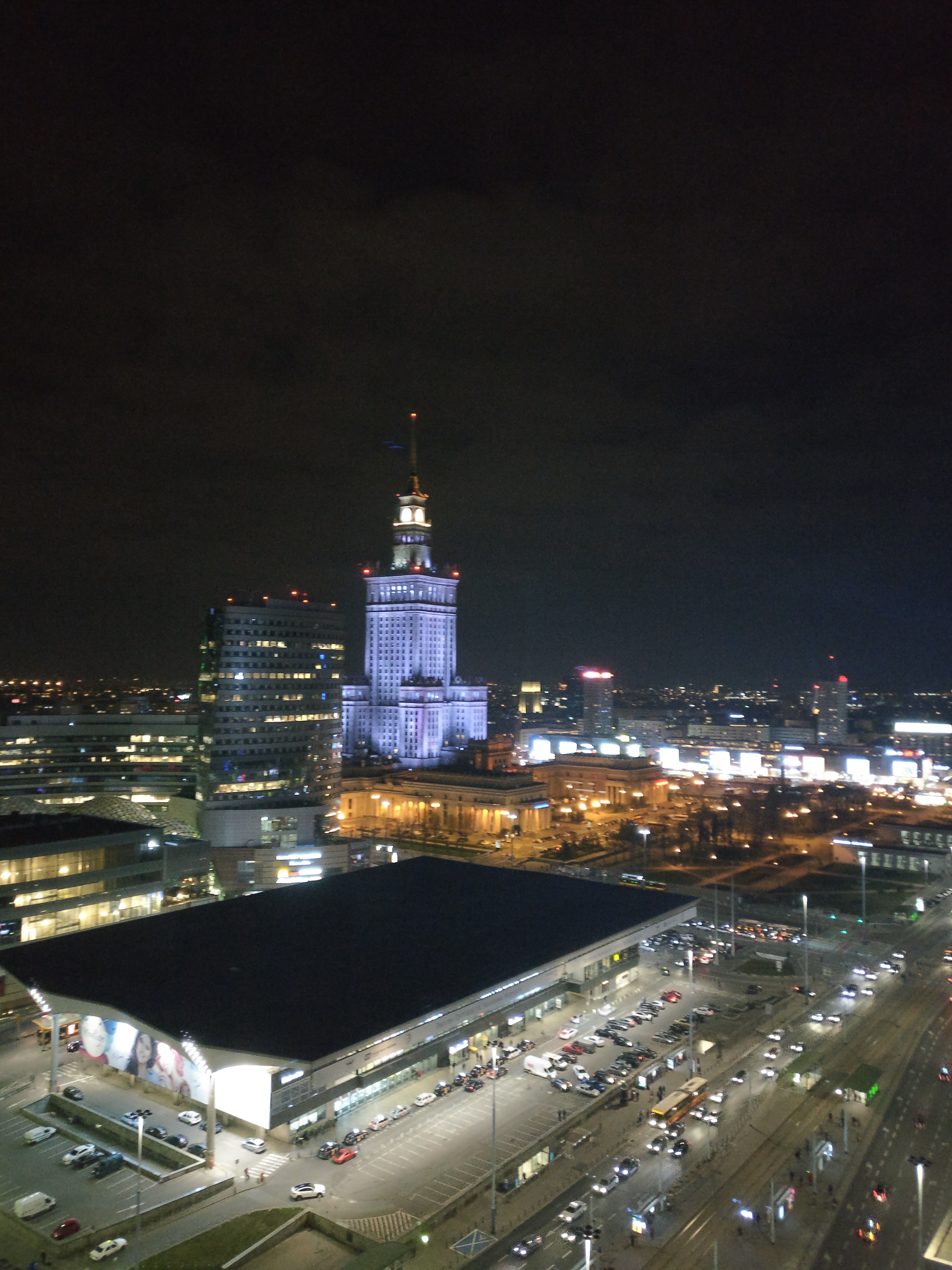 Another angle of the illuminated Palace of Culture