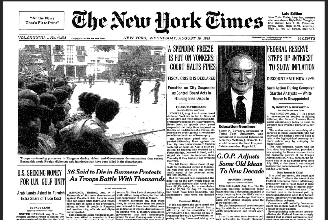 Front page New York Times, August 10, 1988.